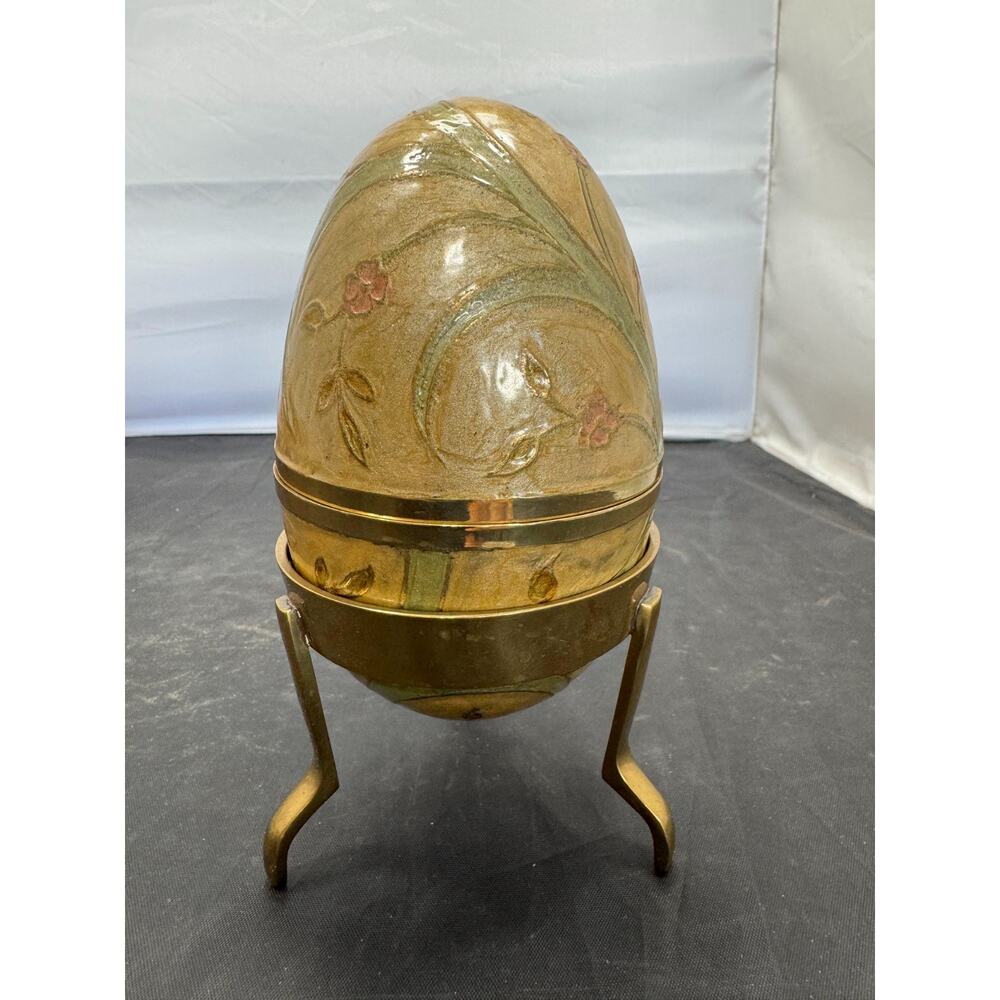 VTG Cream Pink Green Cloisonne Enamel Brass Egg On Stand Lift Off Trinket Box 6" - Picture 2 of 10